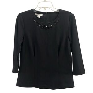 Rare Pendleton Black Women's Blouse with Beaded Neckline 3/4 Sleeve Small